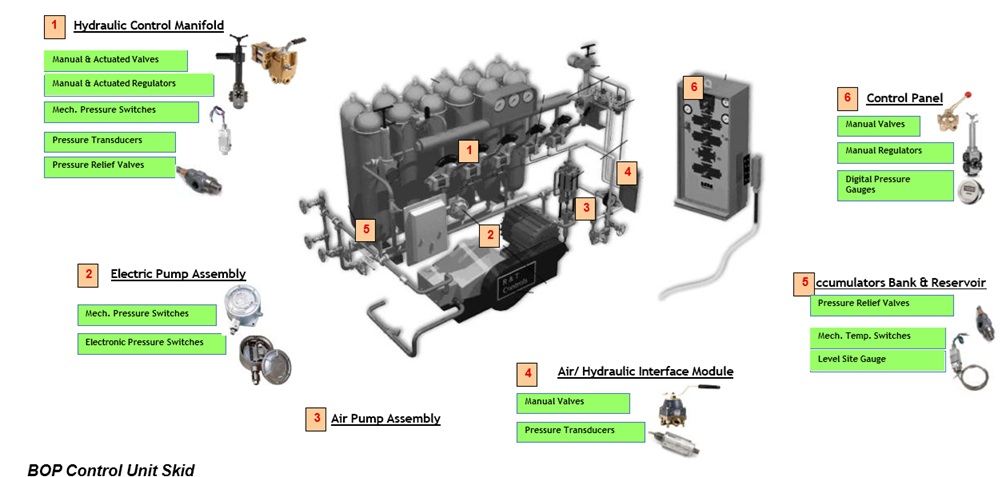 BOP Control Unit Skid component diagram: Hydraulic Control Manifold, Electric Pump Assembly, Air Pump Assembly, Air/Hydraulic Interface Module, Accumulators Bank & Reservoir, Control Panel